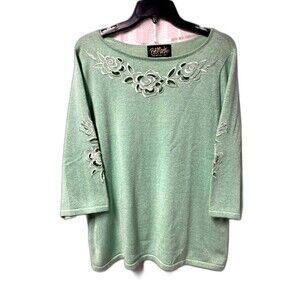 Bob Mackie Women's L Mint GreenKnit Scoop Neck 3/4 Sleeve Embroidered Sweater